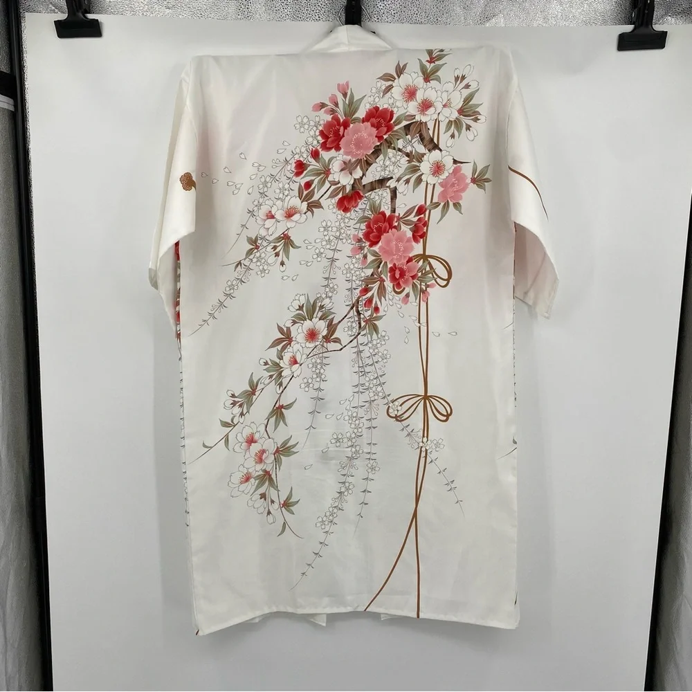 Vintage Kimono Women One Size Japanese White Poly Floral Coverup Asian Botanical - Picture 9 of 11